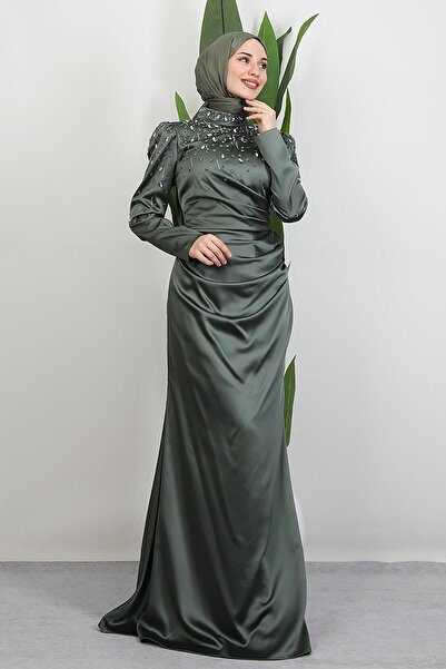 GİYZAMİLA Aura Saten Abiye Haki