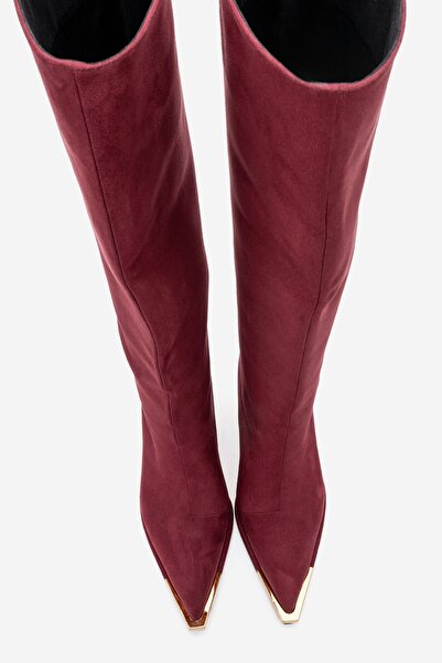 LuviShoes LEXA Bordo Süet Altın Detaylı Sivri Burunlu Kadın Topuklu Çizme