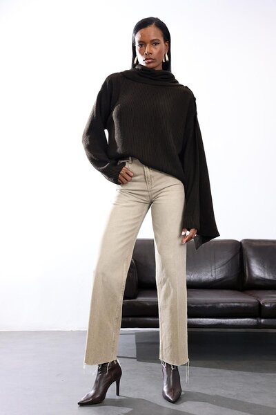 5in1Canpolat Bitter Brown Scarf Collar Sweater 0670