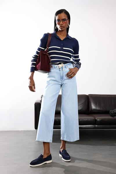 5in1Canpolat Navy Blue Polo Neck Corded Fabric Knitwear Sweater