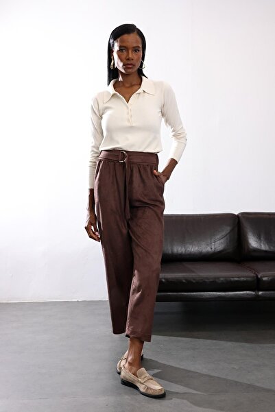 5in1Canpolat Brown Suede Carrot Pants 17174