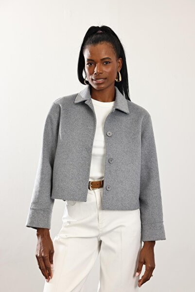 5in1Canpolat Gray Shirt Collar Short Wool Coat