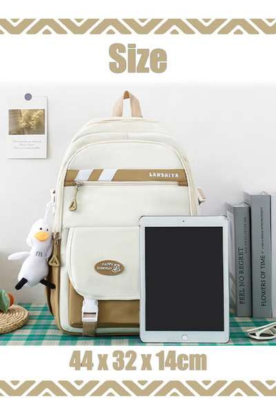 Generic School Backpack, 4 Pcs Canvas Backpack, Handbag, Crossbody Bag & Pen Case Bookbag with Pendant