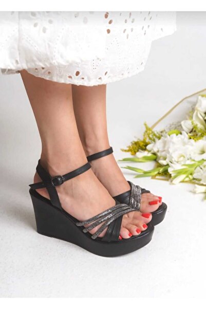 AYDOĞDU by ünal Black Stone Women's Wedge Heeled Shoes