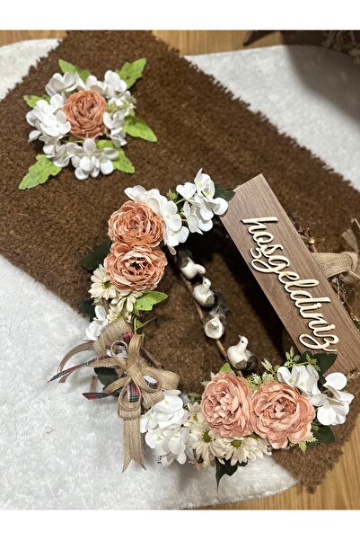 Marrone Kuşlu Kapı Süsü Sepet Ve Paspas 3'lü Set