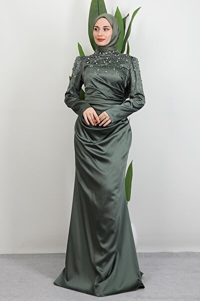 GİYZAMİLA Aura Saten Abiye Haki