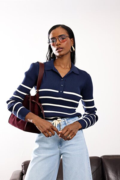 5in1Canpolat Navy Blue Polo Neck Corded Fabric Knitwear Sweater