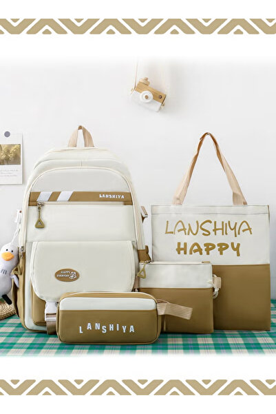 Generic School Backpack, 4 Pcs Canvas Backpack, Handbag, Crossbody Bag & Pen Case Bookbag with Pendant