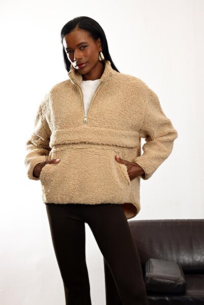 5in1Canpolat Camel Mock Neck Plush Coat