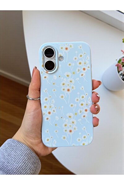 KVK PRİVACY iPhone 16 Uyumlu Papatya Desenli Mavi Lansman Liquid Silikon Kılıf