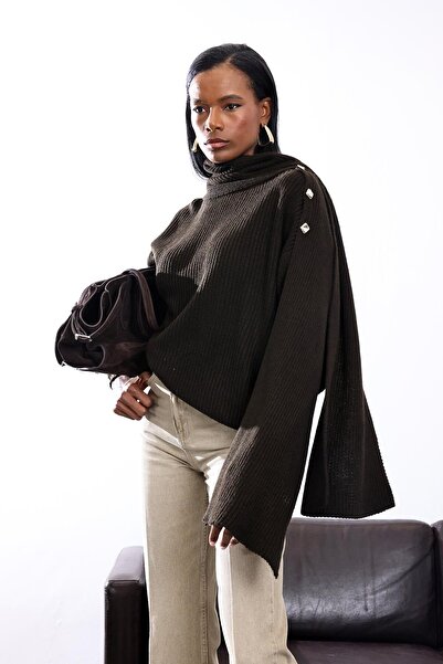 5in1Canpolat Bitter Brown Scarf Collar Sweater 0670