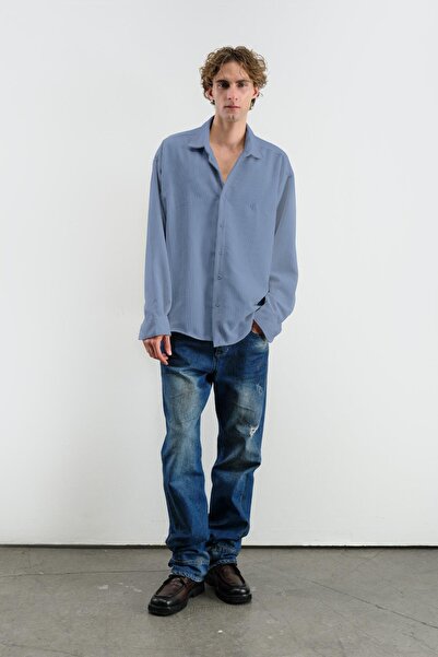 GIESTO Oversized Dressed-Up Velvet Blue Shirt