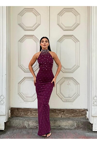 Modafeminen Rochie de seară din țesătură elastică crep, cu mâneci lungi, cu gât roșu, cu detalii de piatră și perle 583330 PURPLE