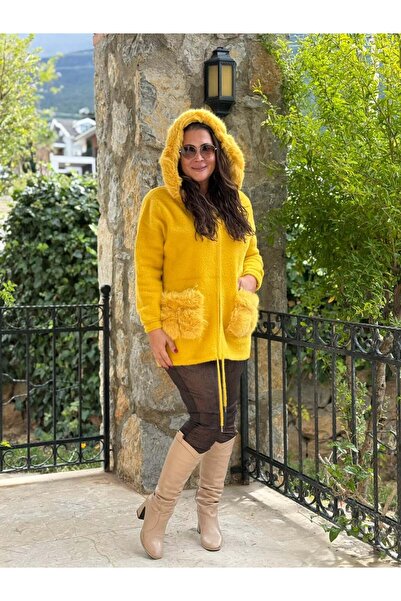 Punta Otantik Pt10665 Hooded Pocket Fur-Lined Italian Angora Coat Mustard