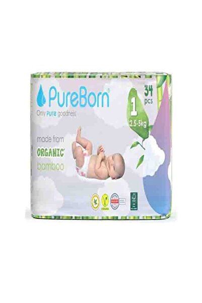 PUREBORN 34Pcs Organic Bamboo Diapers Size- 1 (up to 5kg)