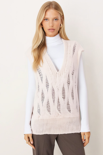 armonika Women's Ecru V-Neck Knitwear Sweater Arm-26K136014