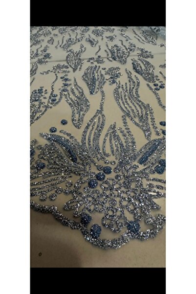 sedra Mavi Simli Tül Kumaş - Abiyelik ve Dekoratif Kumaş (1 Metre)