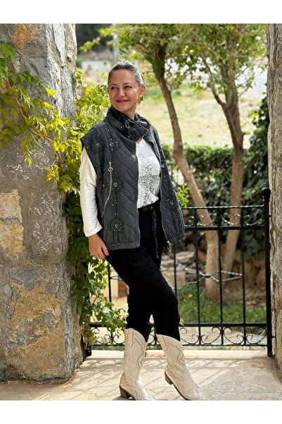 Punta Otantik Nc61582 Sequined Turtleneck Italian Quilted Vest Smoked