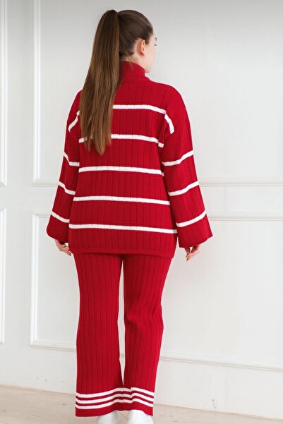MAY MARA Stand-Up Collar 2-Piece Striped Blouse and Pants Tricot Suit