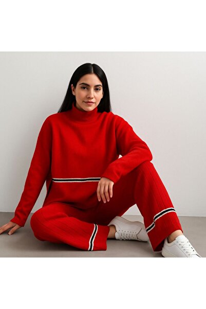 MAY MARA Stand-Up Collar 2-Piece Striped Blouse and Pants Tricot Suit