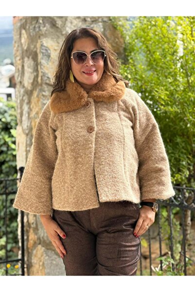 Punta Otantik NC8113 Ιταλικό κοντό μπουφάν από τσόχα με γούνινο γιακά και κουμπιά Camel