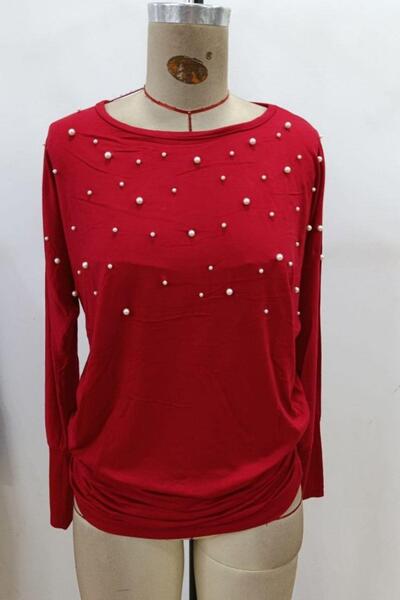 Mossta Crew Neck Pearl Viscose Blouse - Red