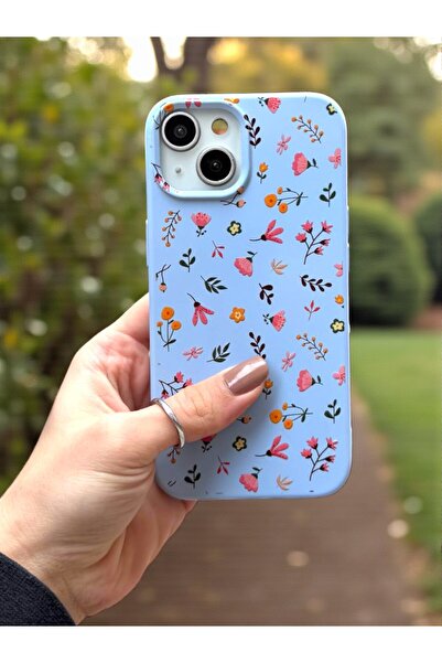 KVK PRİVACY iPhone 13/14/15 Uyumlu Mavi Çiçek Desenli Lansman Liquid Silikon Kılıf
