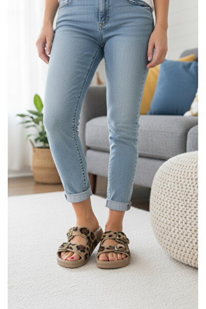 Hızlı Al Leopard Printed Fur Fabric Winter Slippers. Winter Buckled Women's Slippers