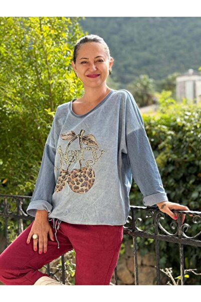 Punta Otantik YG12098 Cherry cu imprimeu Stone Italian Sweat tricou Albastru