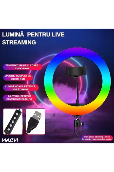 MACVI ® 26cm RGB LED Ring Light, 20 light modes, phone holder, USB cable, remote, dimmable.