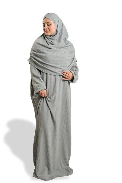 HÜRREM BONE Gray Two Piece Prayer Dress Woven Self Patterned 2502_15