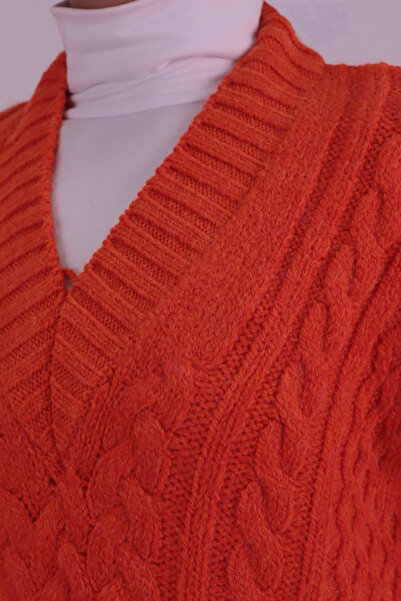 armonika Women's Orange V-Neck Hair Braided Knitwear Sweater Arm-26K136006