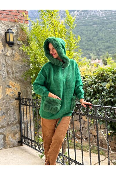 Punta Otantik Pt10665 Hooded Pocket Fur-Lined Italian Angora Coat Emerald