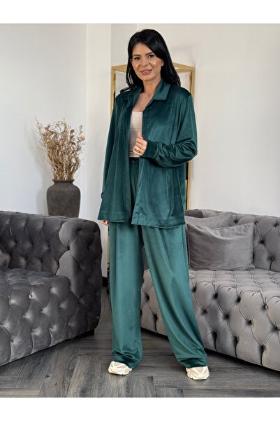 RAMONA BADESCU EXCLUSIVE Women's soft velvet suit - loose shirt and wide trousers