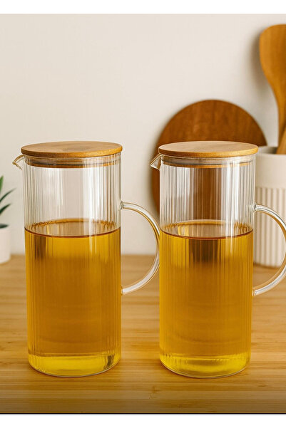 Pembelia Life Set of 2 Bamboo Vacuum Lid 1500 ml Glass Oil Pot Set Oil Pot Set