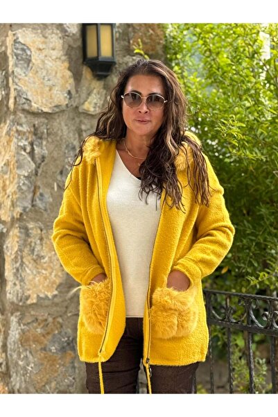Punta Otantik Pt10665 Hooded Pocket Fur-Lined Italian Angora Coat Mustard