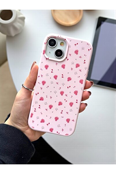 KVK PRİVACY iPhone 13/14/15 Uyumlu Pembe Çiçek Desenli Lansman Liquid Silikon...