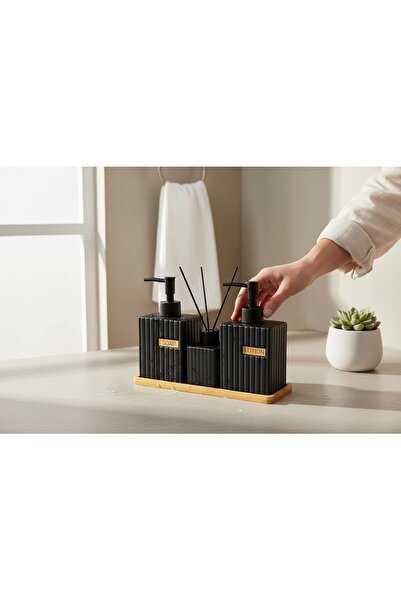 Trendylife طقم حمام بوني - طقم صابون سائل مع قاعدة من الخيزران 4 قطع باللون ا...