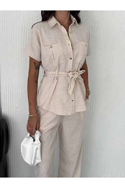 MsLena Butik Beige Belted Linen Look Two-Piece Women's Set – Shirt & Wide-Leg Pants Noa675-2099