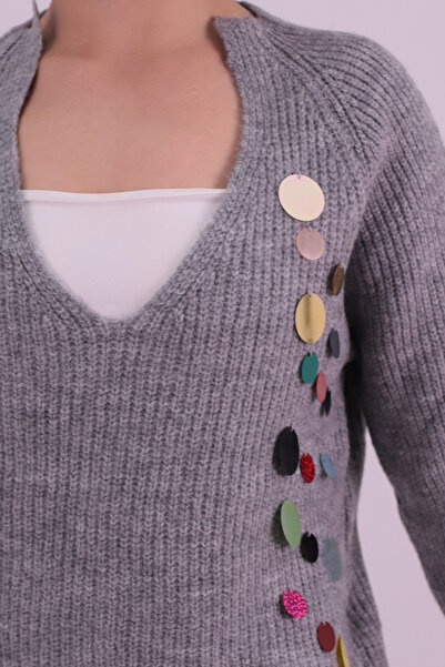 armonika Women's Gray V-Neck Sequin Embroidered Knit Dress Arm-26K136011