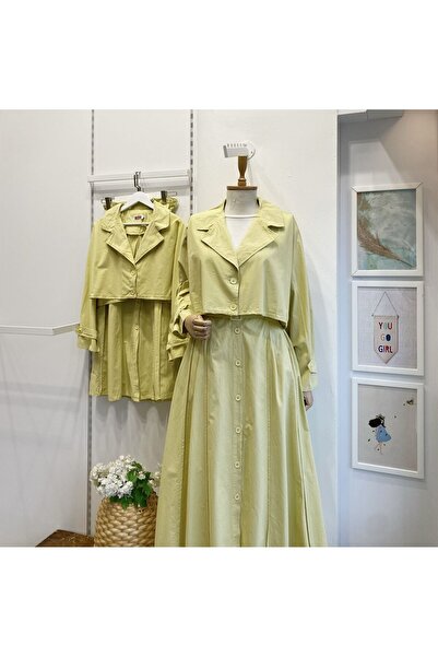 Faya Boutique Açık Yeşil Kısa Trenç Ceketli Gabardin Takım