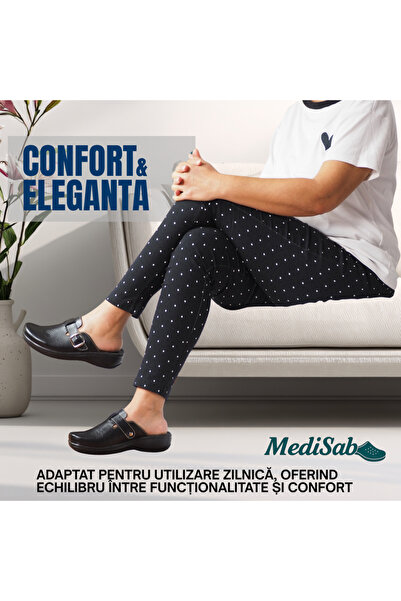 MediSab Ultra light anatomical medical clogs, eco-leather, BLACK color with buckle -609