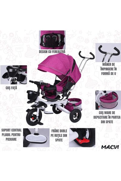 MACVI ® Tricicletă multifuncțională, scaun rotativ la 360°, poziție de somn, roți de cauciuc, mâner reglabil.