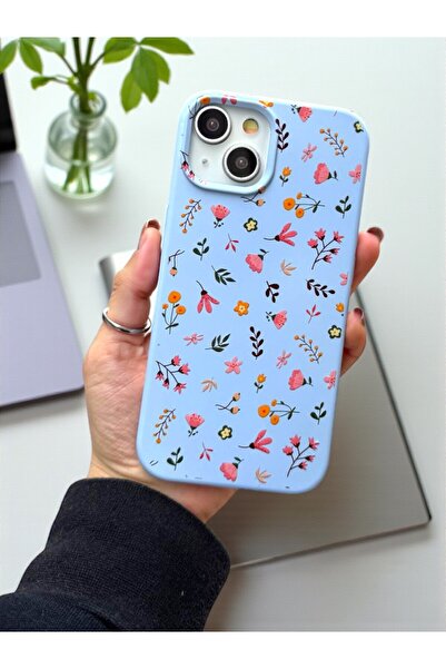 KVK PRİVACY iPhone 13/14/15 Uyumlu Mavi Çiçek Desenli Lansman Liquid Silikon Kılıf