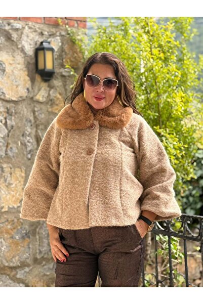 Punta Otantik NC8113 Ιταλικό κοντό μπουφάν από τσόχα με γούνινο γιακά και κουμπιά Camel