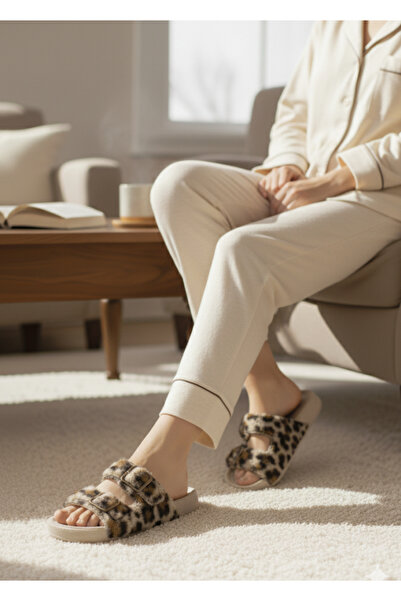 Hızlı Al Leopard Printed Fur Fabric Winter Slippers. Winter Buckled Women's Slippers