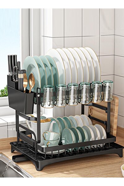 Generic رف تجفيف أطباق كبير، منظم مطبخ من الفولاذ المقاوم للصدأ ذو طبقتين