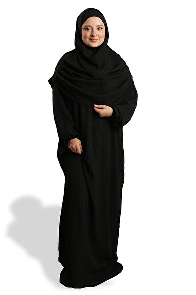 HÜRREM BONE ثوب صلاة أسود من قطعتين منسوج بنقشة ذاتية 2502_01