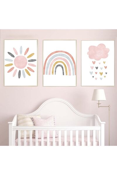 ALAYRA International مجموعة من 3 لوحات فنية جدارية لغرفة الأطفال بألوان قوس قزح الوردي وأشعة الشمس (40 × 60 سم) - ديكور غرفة الأطفال بوهو بدون إطار