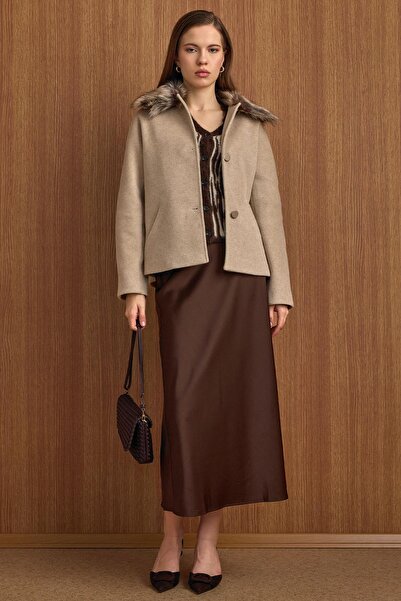 Olcay Short Fur Coat with Detachable Collar Taş 3158